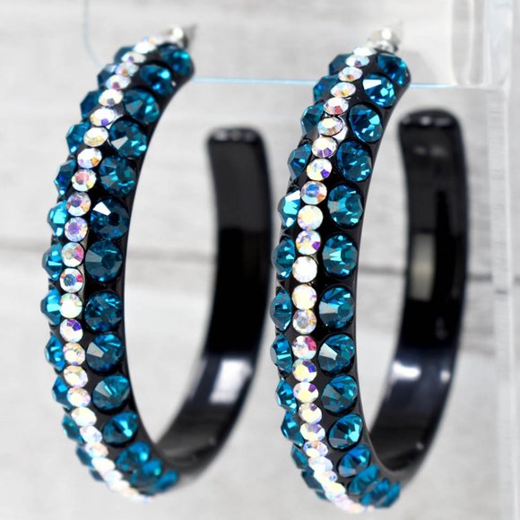 2.5" Teal/AB Rhinestones Black Lucite Hoop Earring - Picture 7 of 7
